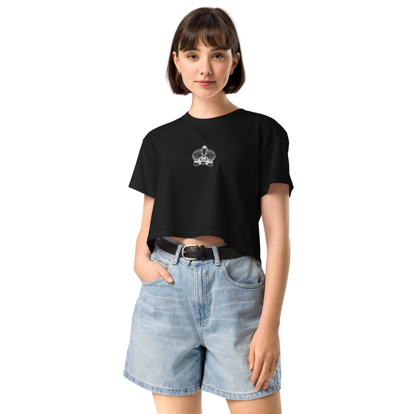 Black Women’s crop top with orchid emblem – Schwarzman
