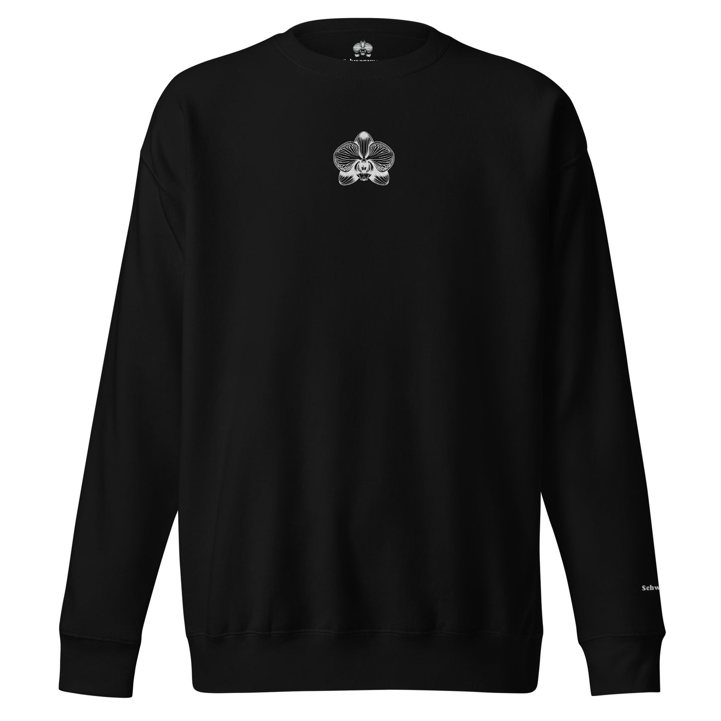Black unisex premium sweatshirt with orchid emblem – Schwarzman
