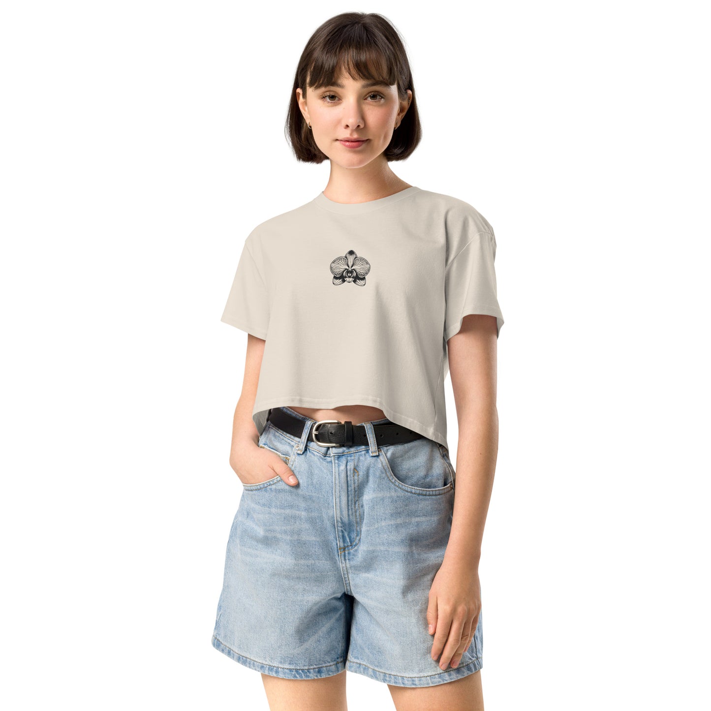 Bone beige Women’s crop top with orchid emblem – Schwarzman