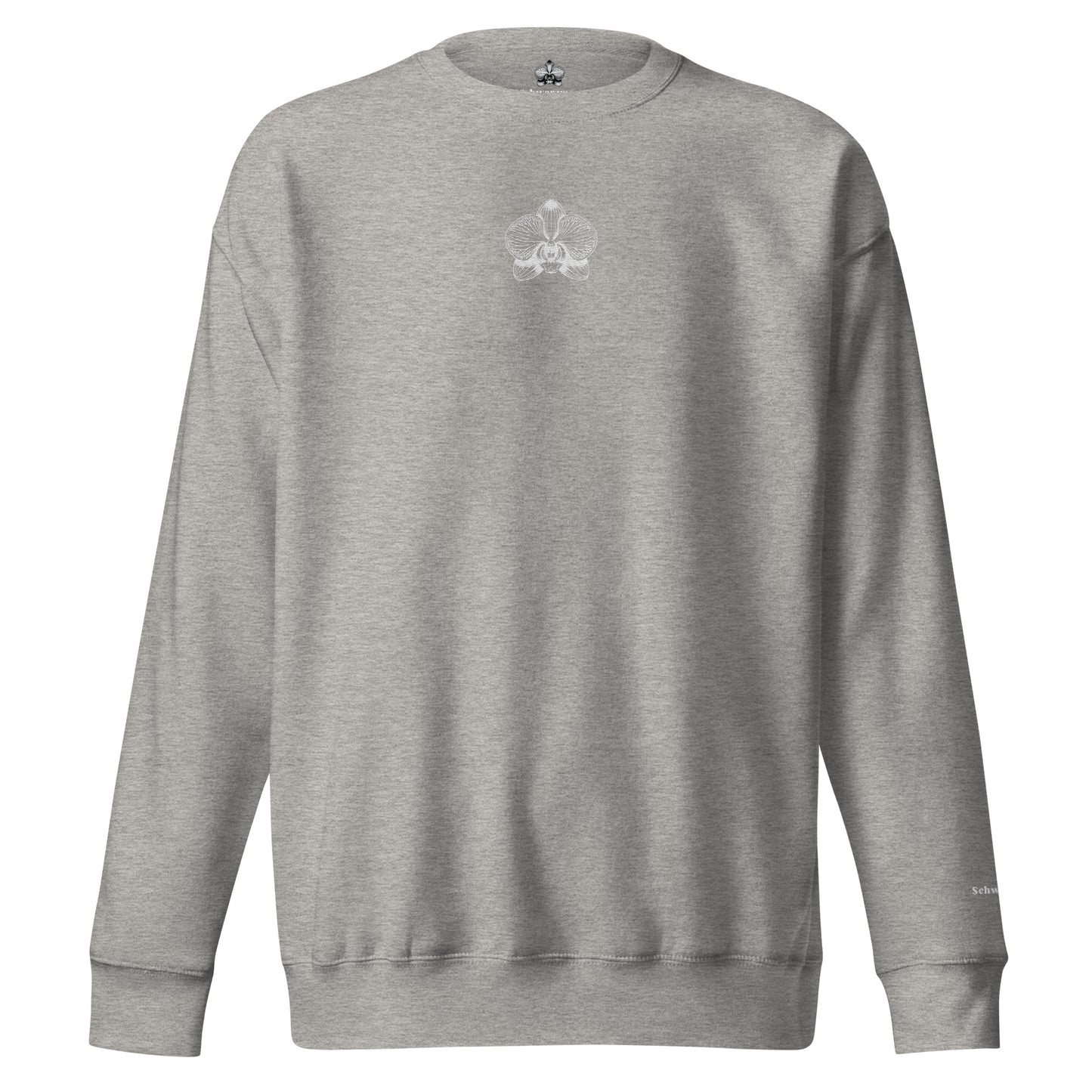 Carbon grey unisex premium sweatshirt with orchid emblem – Schwarzman