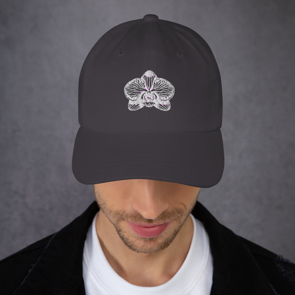 Dark grey classic dad hat with orchid emblem – Schwarzman