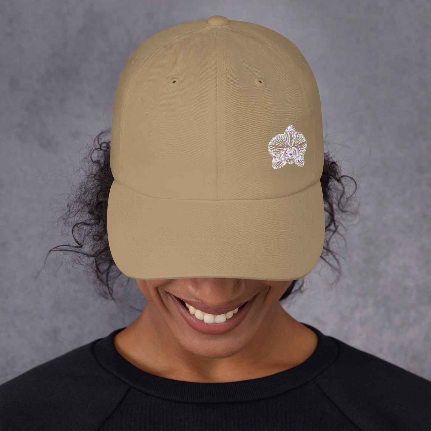 Khaki Signature classic dad hat with orchid emblem – Schwarzman