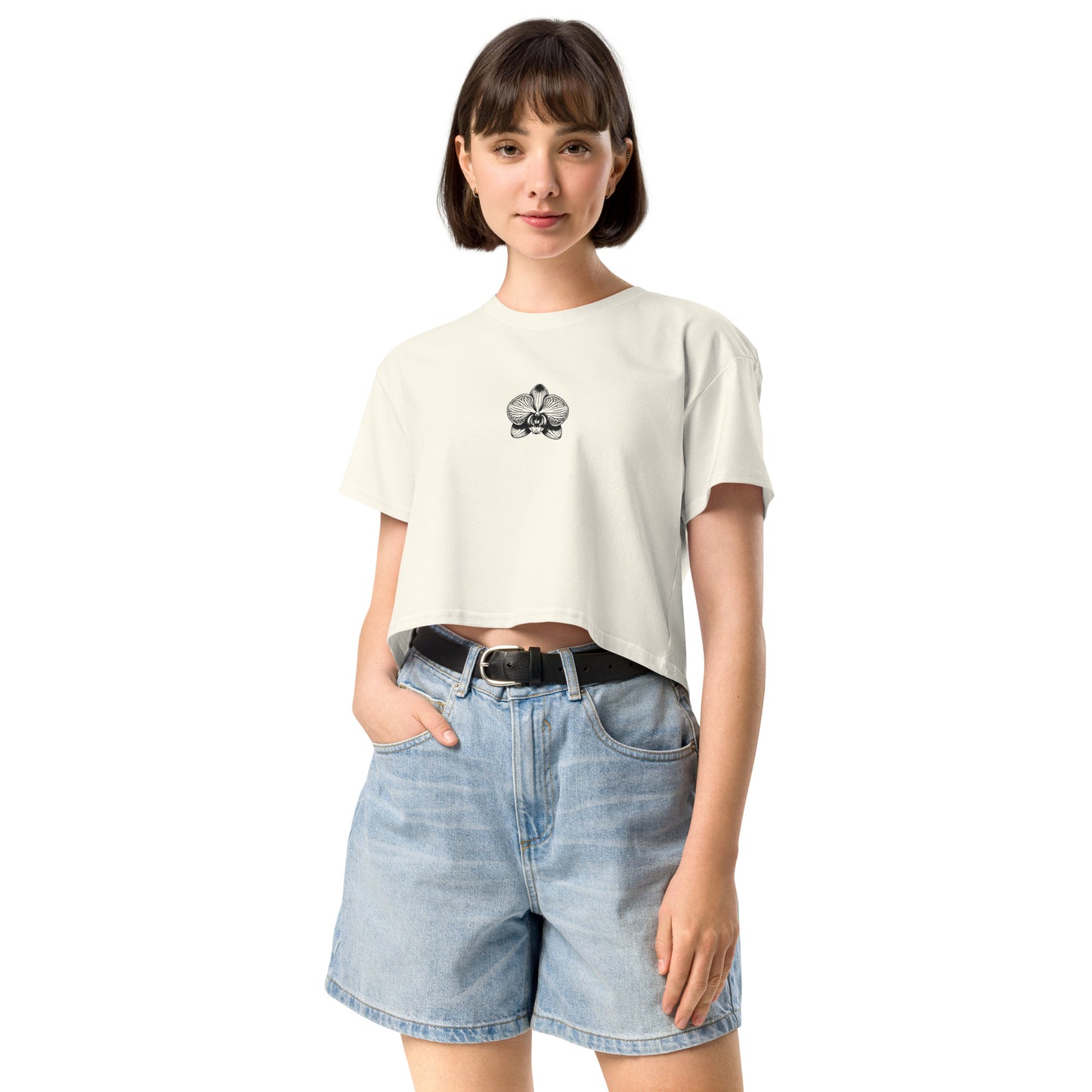 Natural Women’s crop top with orchid emblem – Schwarzman