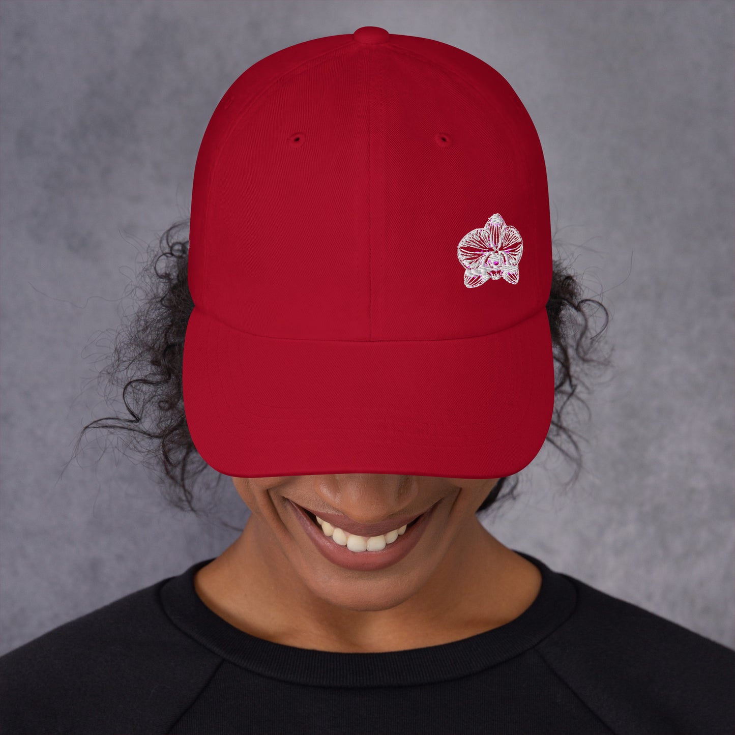 Red cranberry Signature classic dad hat with orchid emblem – Schwarzman