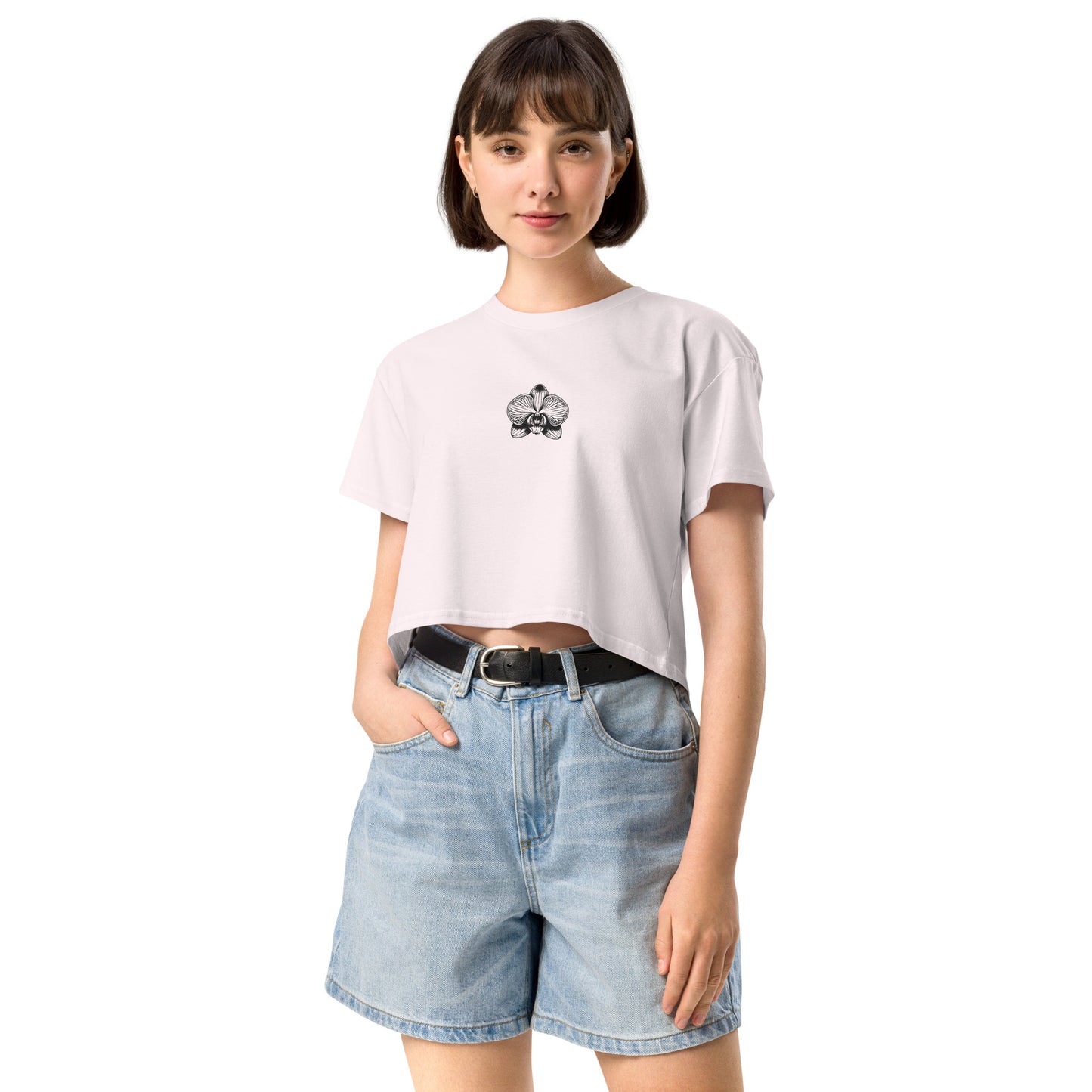 White Women’s crop top with orchid emblem – Schwarzman