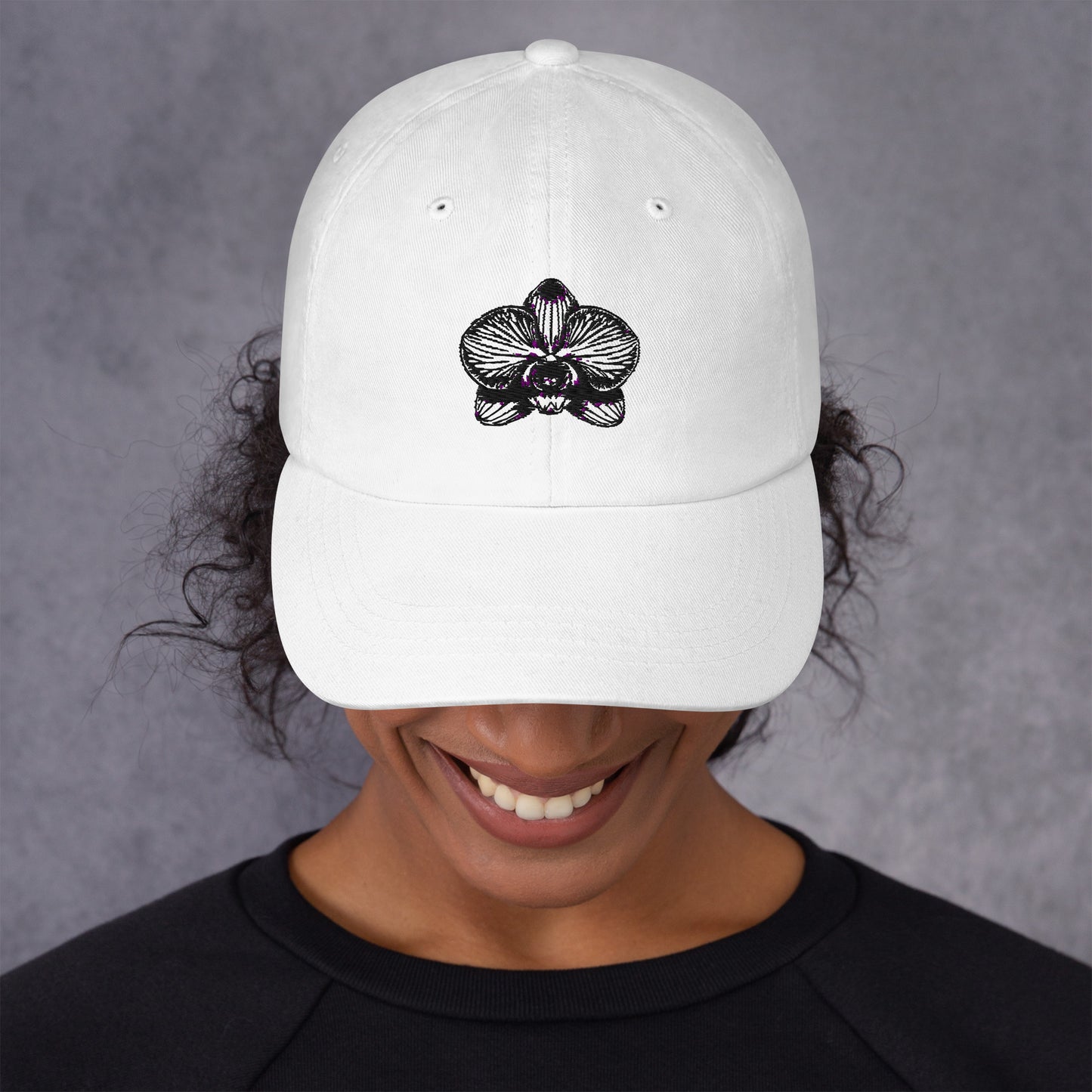 White classic dad hat with orchid emblem – Schwarzman