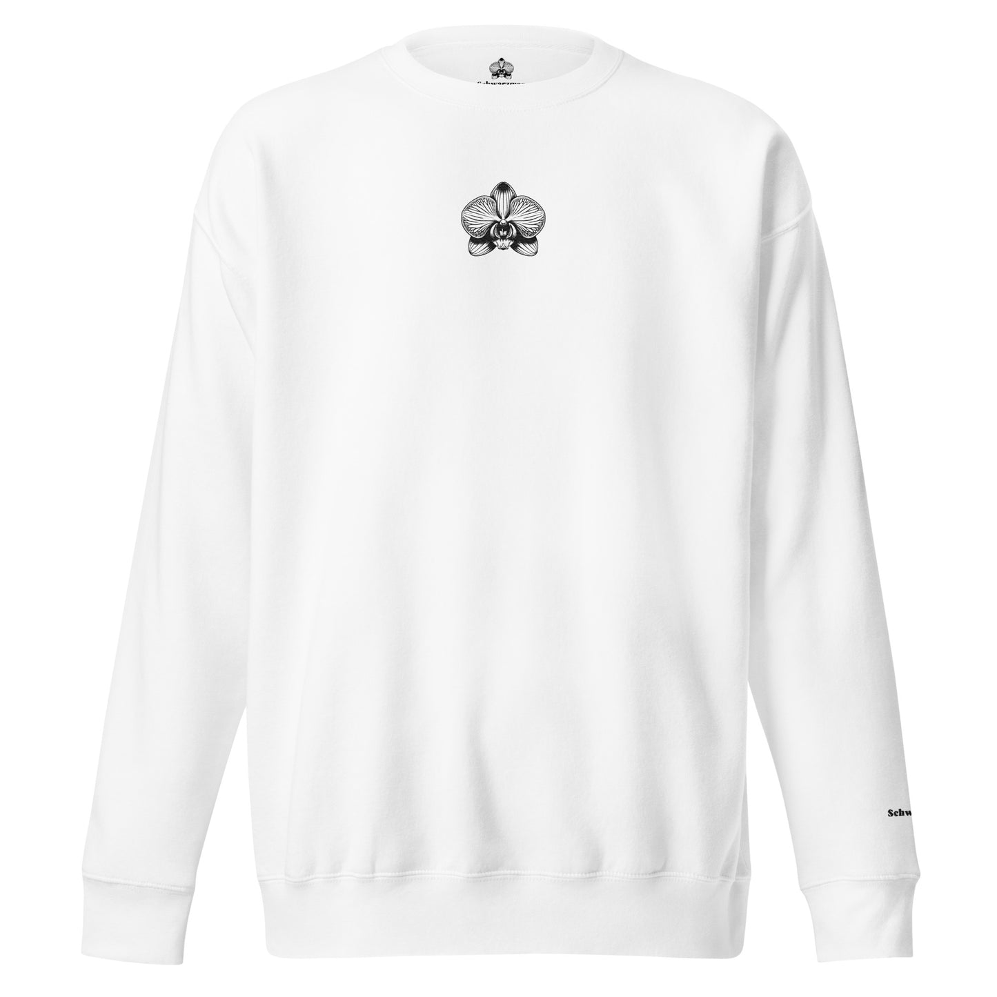 White unisex premium sweatshirt with orchid emblem – Schwarzman