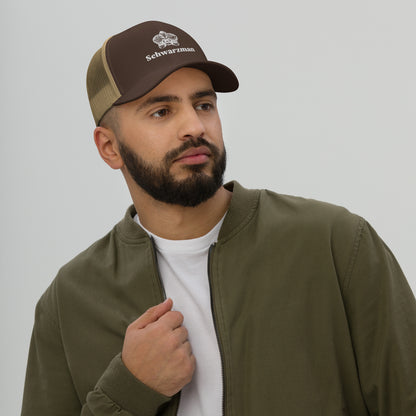 Brown khaki retro trucker hat with orchid emblem – Schwarzman
