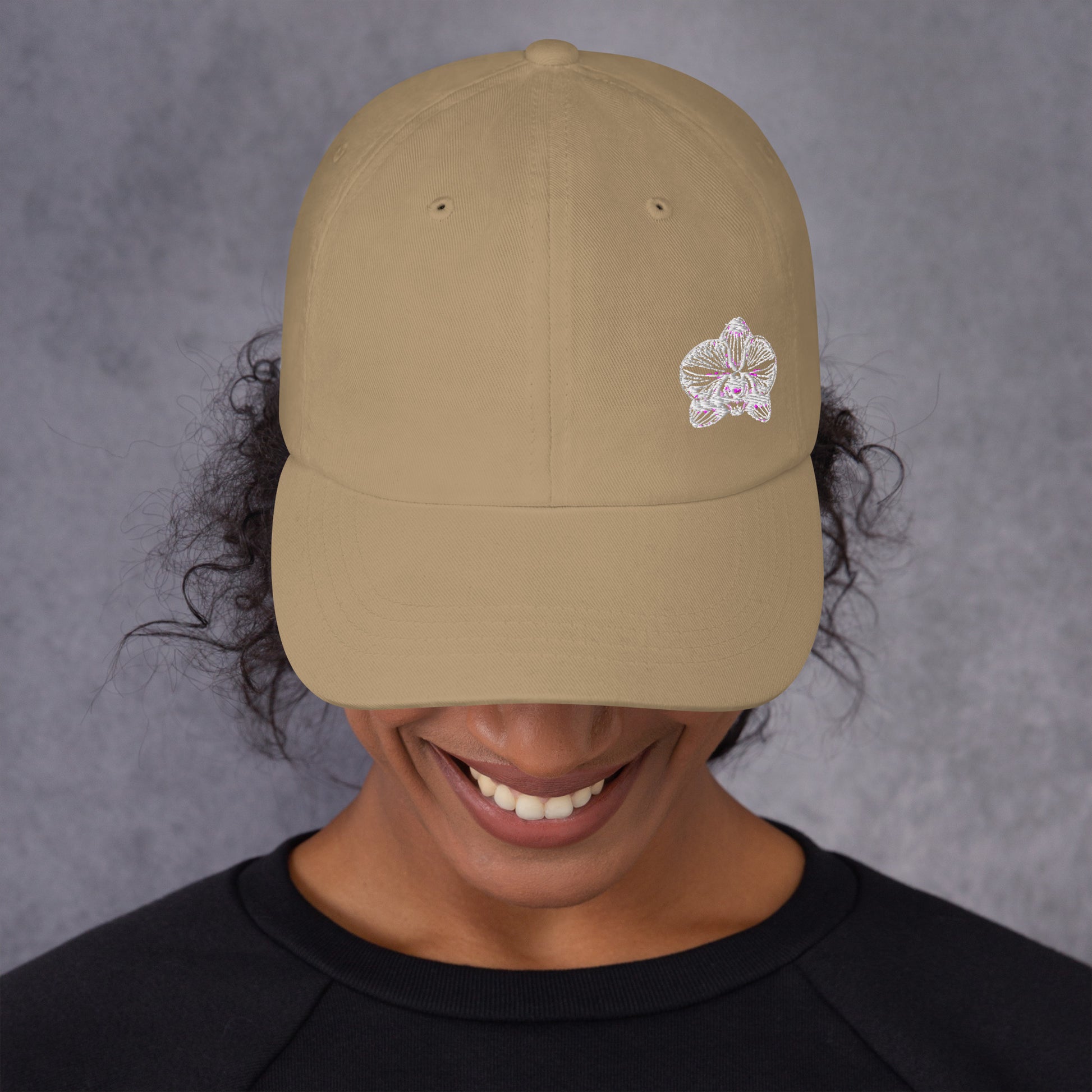 Khaki Signature classic dad hat with orchid emblem – Schwarzman