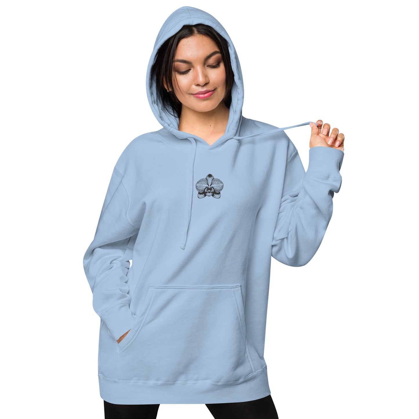 Light blue unisex dyed hoodie with orchid emblem – Schwarzman