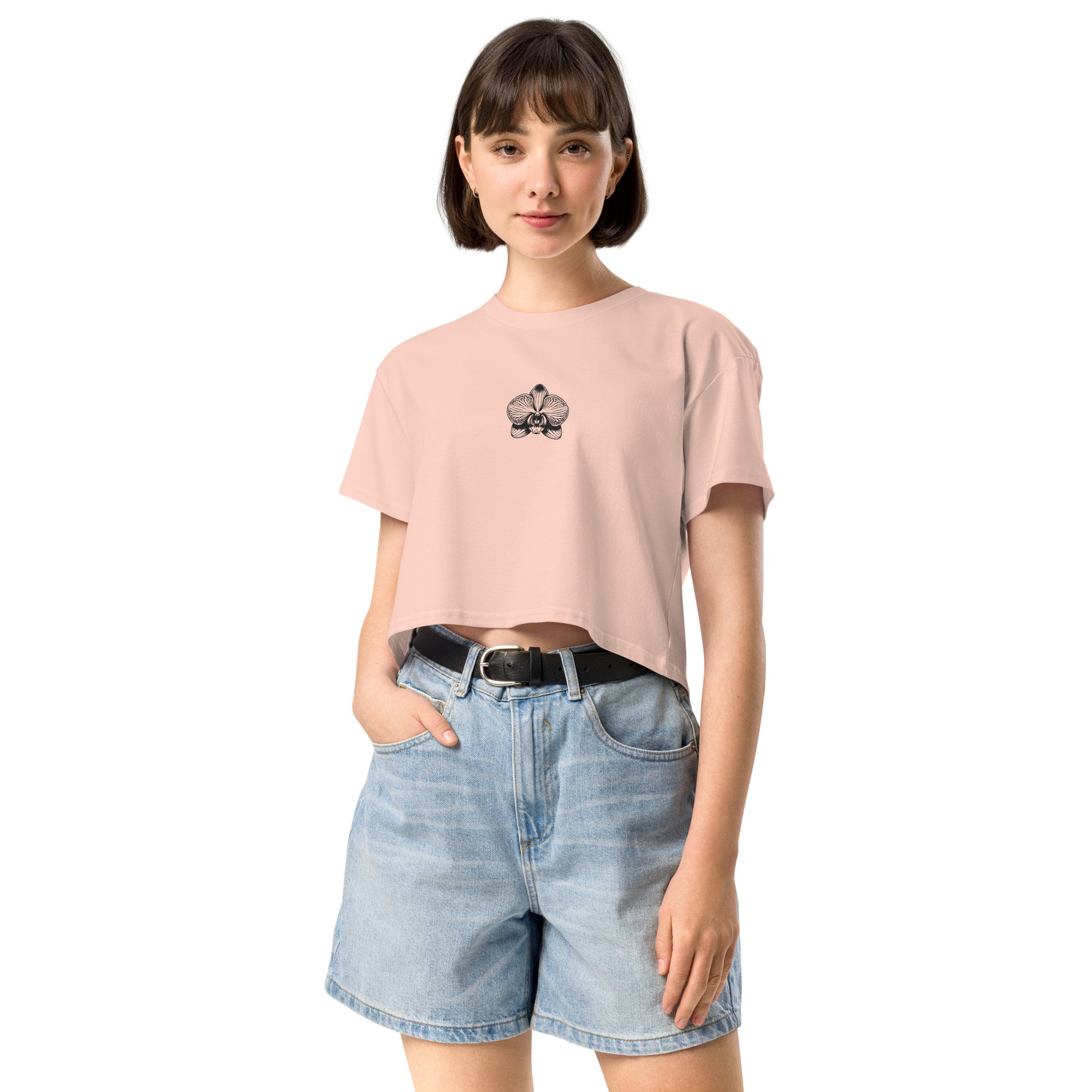 Pale Pink Women’s crop top with orchid emblem – Schwarzman
