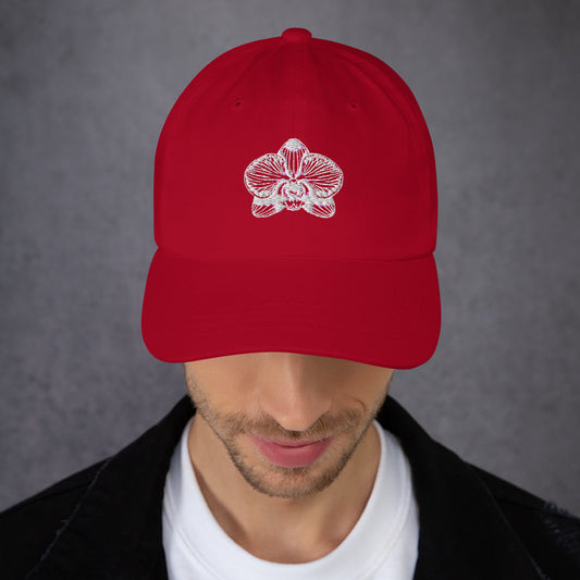 Red cranberry classic dad hat with orchid emblem – Schwarzman