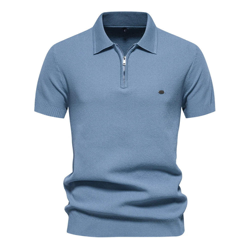 Men Elegant Zip Aiopeon Polo Shirt Light Blue