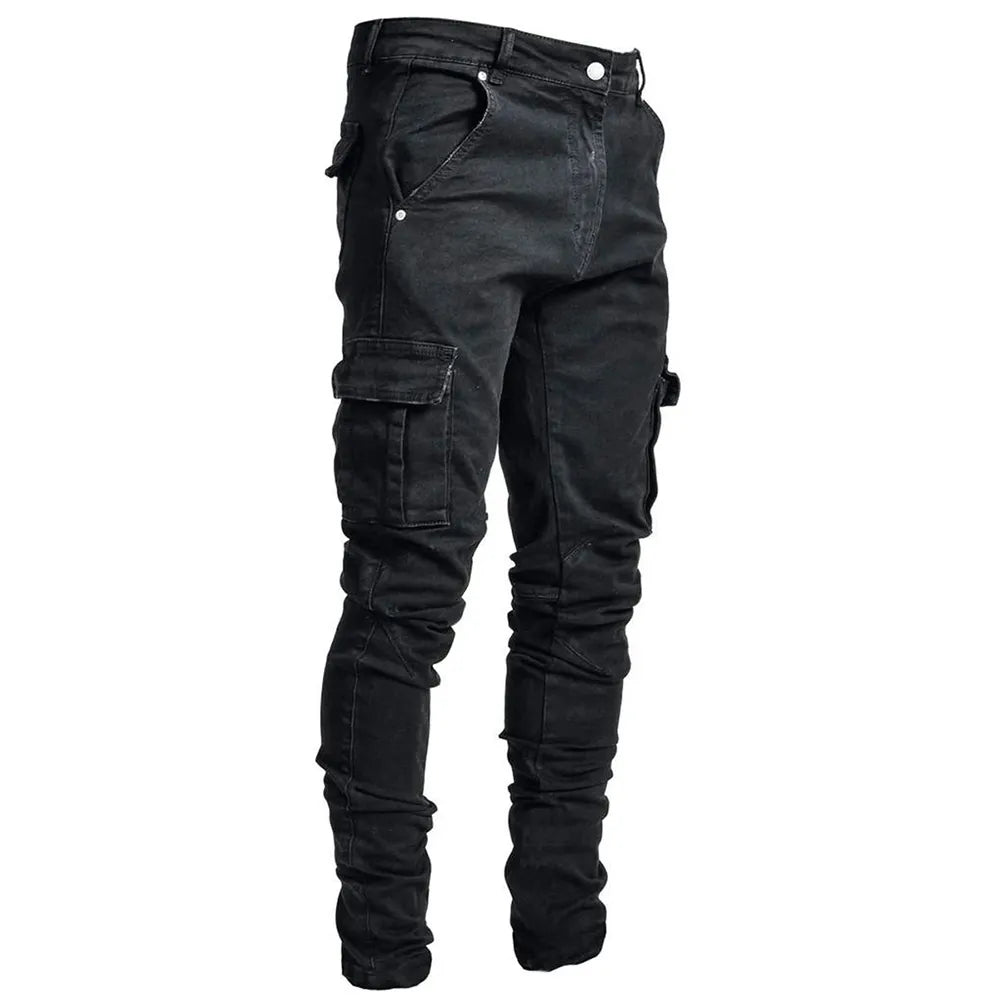 Men Mid Waist Slim Fit Jeans Outfit Pants Black