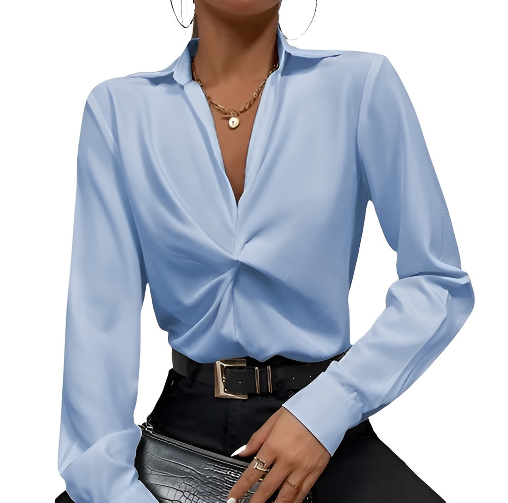 Schwarzman™ - Women Elegant Outfit Light Blue Top Shirt -  - women-elegant-lapel-light-blue-top-fashion-v-neck-long-sleeve-shirt -  - Schwarzman| Schwarzman where fashion meets elegance. Explore limited edition clothing for men and women, from evening wear to activewear. Visit our store for premium brands and exclusive collections. | Clothing | Clothes | Fashion | Brand | Brands | Women | Men | Schwarzman | שוורצמן | Limited Edition | מהדורה מוגבלת | Store | Shop | Gym | workout | Fitness.