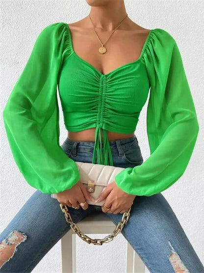 Women Outfit Crop Transparent Puff Sleeve Shirt Green