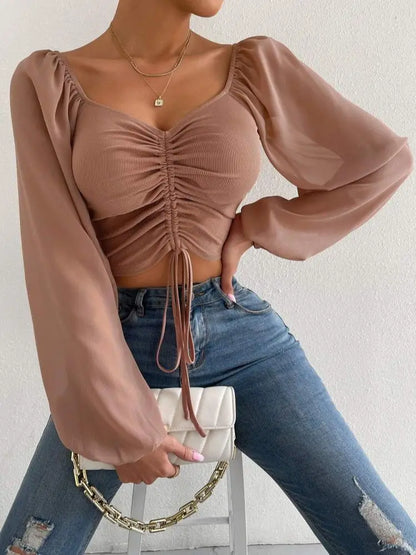 Women Outfit Crop Transparent Puff Sleeve Shirt Coffee