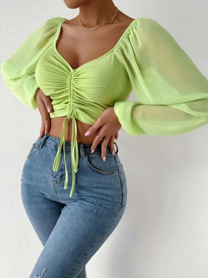 Women Outfit Crop Transparent Puff Sleeve Shirt Light Green