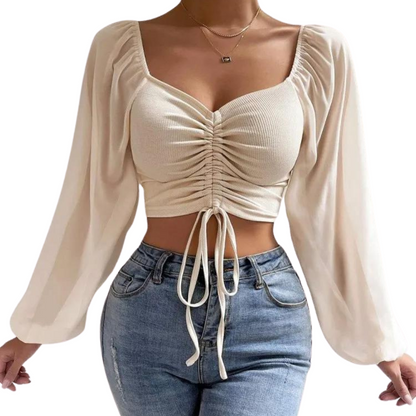 Women Outfit Crop Transparent Puff Sleeve Shirt