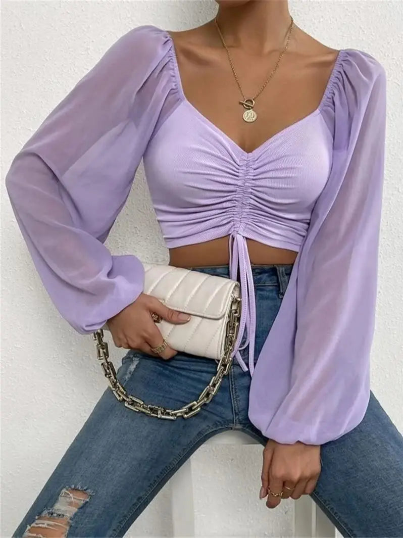 Women Outfit Crop Transparent Puff Sleeve Shirt Purple