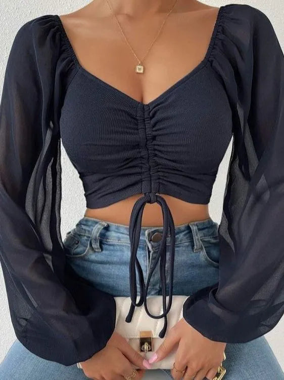 Women Outfit Crop Transparent Puff Sleeve Shirt Navy Blue