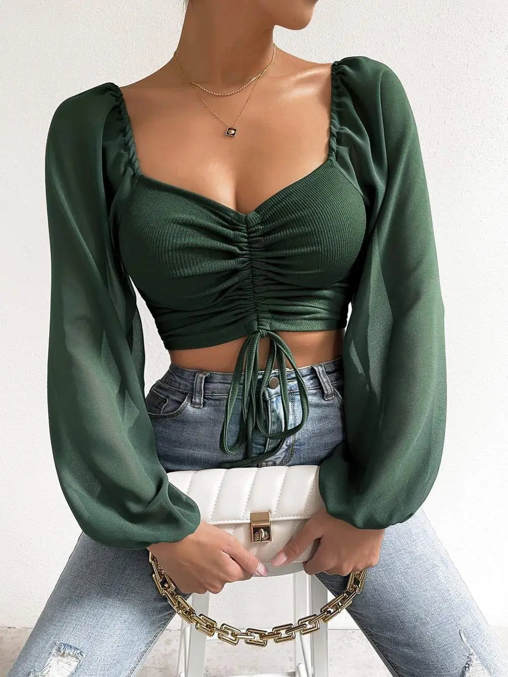 Women Outfit Crop Transparent Puff Sleeve Shirt Dark Green