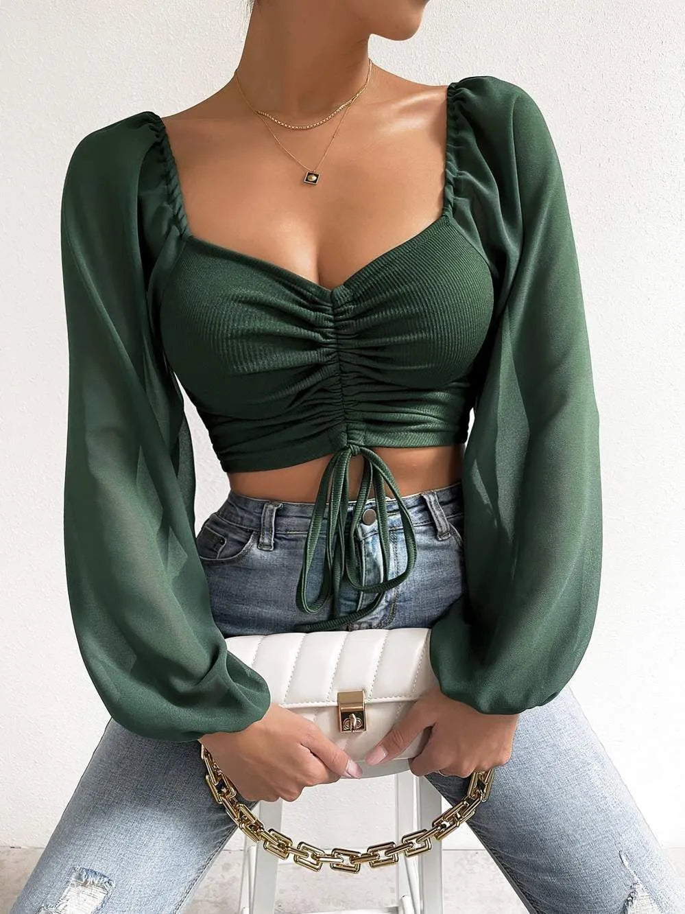 Women Outfit Crop Transparent Puff Sleeve Shirt