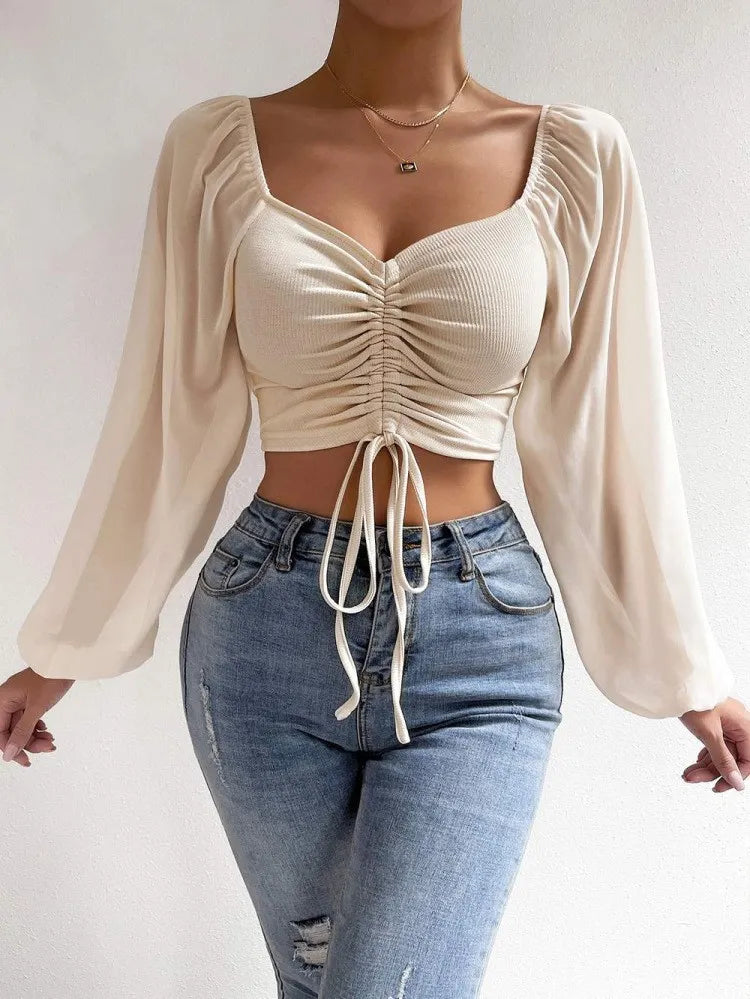 Women Outfit Crop Transparent Puff Sleeve Shirt