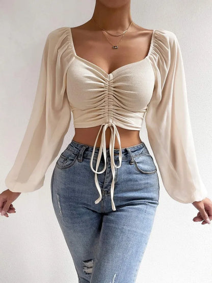 Women Outfit Crop Transparent Puff Sleeve Shirt