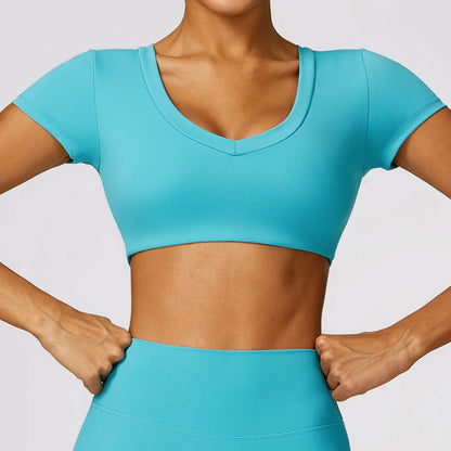 Women Sports Crop Top Push Up Shirt Blue