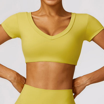 Women Sports Crop Top Push Up Shirt Yellow