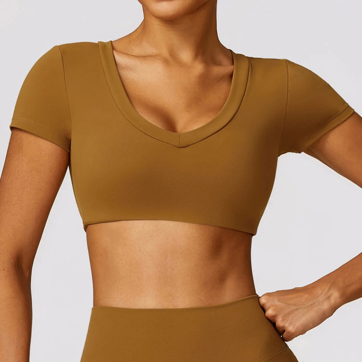 Women Sports Crop Top Push Up Shirt Brown