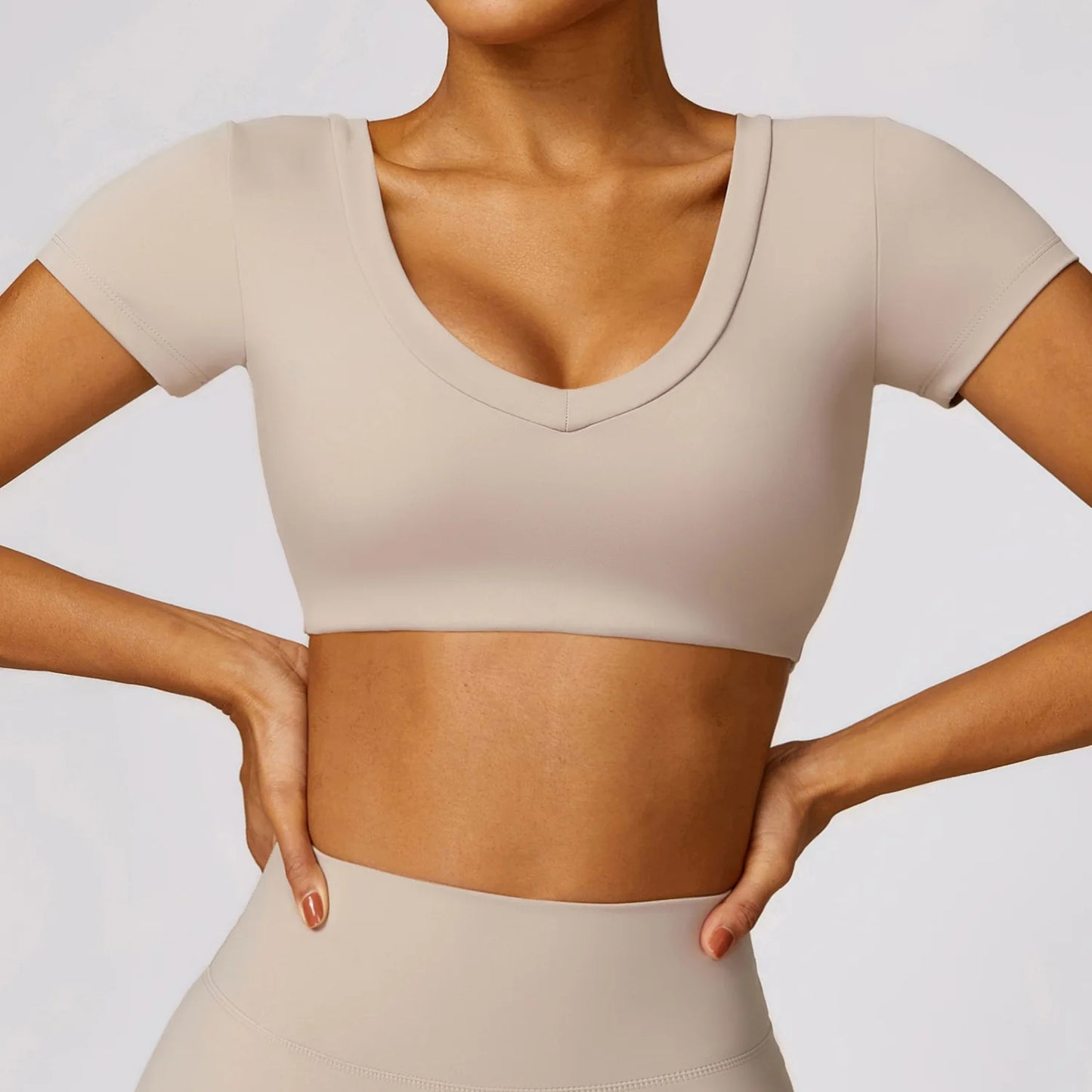 Women Sports Crop Top Push Up Shirt Beige