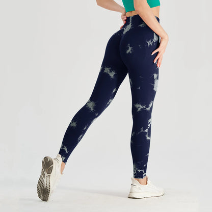 Women Tie-Dye Tights Sportswear Pants Navy Blue XL