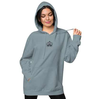 Slate blue unisex dyed hoodie with orchid emblem – Schwarzman