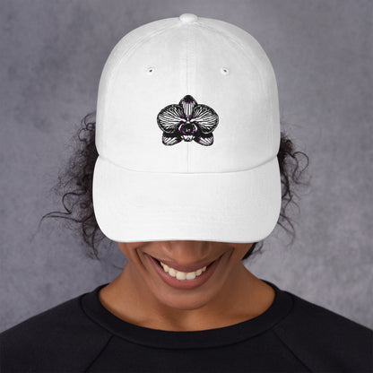 White classic dad hat with orchid emblem – Schwarzman