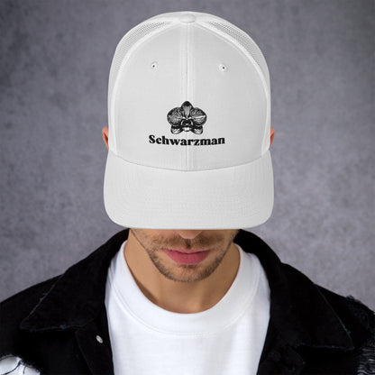 White retro trucker hat with orchid emblem – Schwarzman