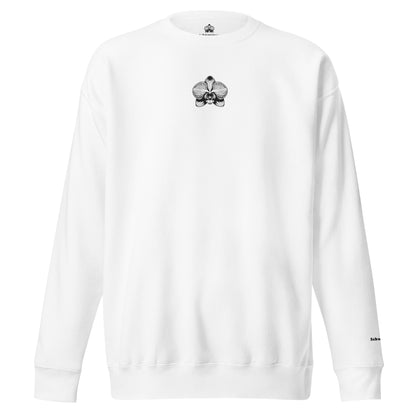 White unisex premium sweatshirt with orchid emblem – Schwarzman