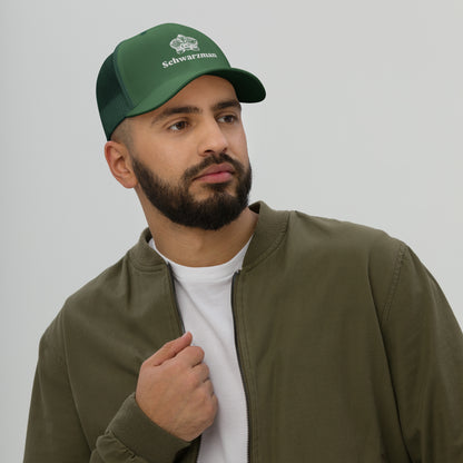 evergreen green retro trucker hat with orchid emblem – Schwarzman